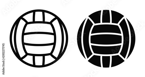 Volleyball icon set featuring outline and solid black ball designs for sports equipment branding athletic competition and team game graphics