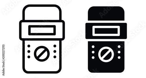 Digital multimeter icon set showing electrical tester device for measuring voltage current and resistance in line and solid glyph style