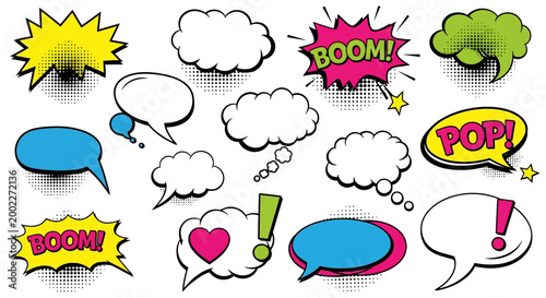 Comic speech bubbles, colorful pop art, conversation icons, chat symbols isolated on White Background Editable EPS