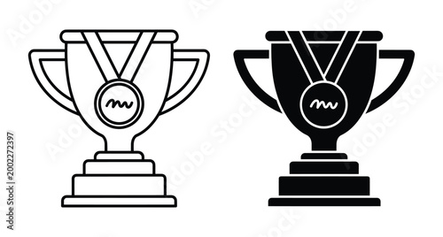 Trophy cup award icons with medal for winner achievement success competition sports tournament champion celebration prize gold silver bronze reward