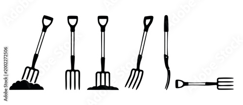 Garden Fork Tool Icons Set - Agricultural Pitchfork Collection, Farming Equipment Vector Illustration, Isolated Black Silhouette Design for Gardening, Landscaping, Horticulture, and Yard Work Projects