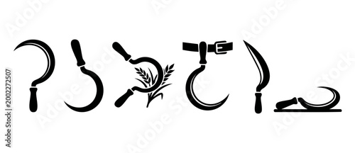 Sickle Icon Set Agriculture Tools Vector Illustration for Harvest and Farming Graphic Design. Collection of hand scythe blades for reaping wheat and crops in flat black silhouette style design element
