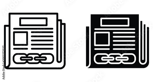 Newspaper icon set with chain link symbol representing digital journalism backlinks press release media publication article web link seo marketing
