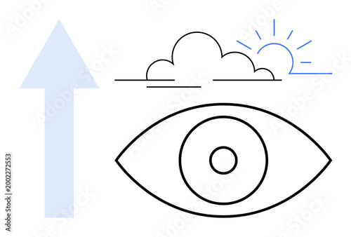 Success, vision, growth, positivity, ambition progress. Eye with circular detail upward arrow sun rising behind cloud. Vision and success concept. Line metaphor. Simple line icons