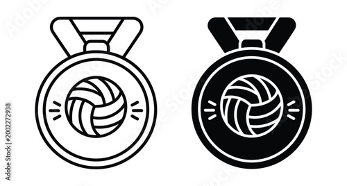 Volleyball medal icon set featuring outline and solid versions for sports awards competition achievement winner recognition tournament prize graphic design