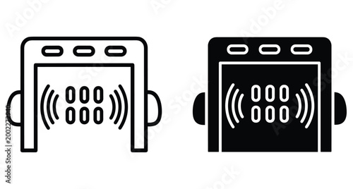 Security metal detector gate icon set with signal waves for airport safety checkpoint protection monitoring surveillance access control system equipment
