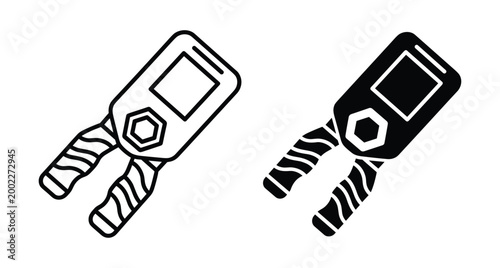 Crimping tool icon set for electrical wire terminal connection and cable maintenance repair work in outline and solid black style