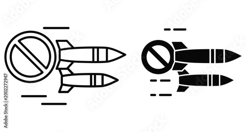 Anti war icon set showing prohibited missiles and bombs with stop sign symbol for peace disarmament and military weapon ban