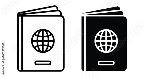 Passport icon set featuring outline and solid styles for international travel identification document border control immigration and global tourism services