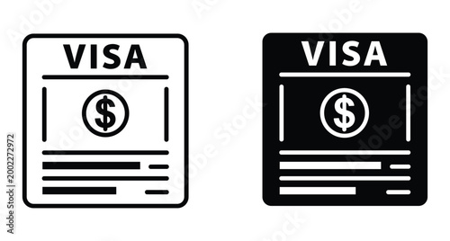 Visa document icon set showing travel permit application with dollar sign symbol for payment processing and financial transaction fee details