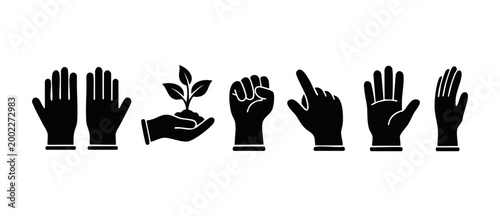 Rubber Gloves Icons Set, Protective Hand Gestures and Sustainable Gardening Concept, Black Glyph Vector Symbols for Safety, Hygiene, Industrial Work, Farming and Medical Sanitation Design Elements Iso
