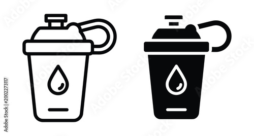 Protein shaker bottle icons set with water drop symbol for fitness gym workout nutrition supplements bodybuilding hydration and healthy lifestyle