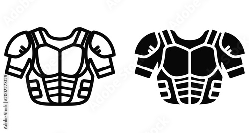 American football shoulder pads icon set featuring protective gear for athletes in outline and solid black silhouette styles for sports design