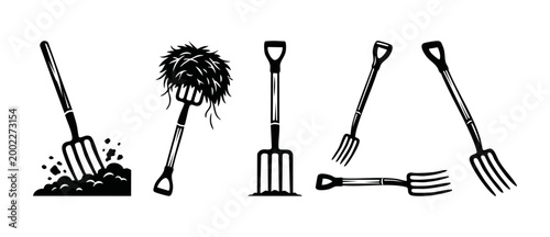Garden Pitchfork Tool Icon Set, Farming Equipment Silhouettes, Agricultural Digging Pitch Forks for Gardening, Yard Work, Composting and Soil Cultivation, Isolated Black Vector Illustrations on White