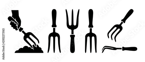 Garden Hand Fork Tool Set Icon Collection, Gardening Equipment Silhouettes for Planting and Soil Cultivation, Minimalist Vector Graphic Design Elements for Agriculture and Horticulture Projects
