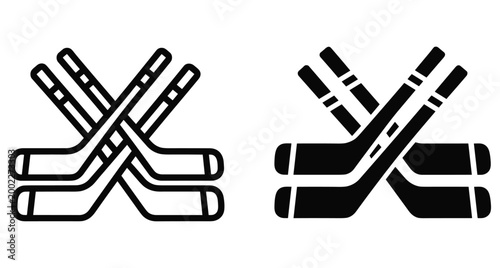 Crossed ice hockey sticks icon set featuring outline and solid silhouette styles for sports team logos equipment and winter games