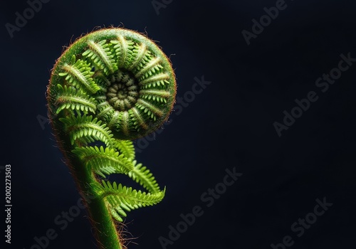 A detailed close up of a vibrant green young fern frond uncurling into a perfect spiral shape, set against a deep black moody background, aesthetic, flora, artistic