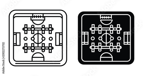 Foosball table soccer game icons set with top view perspective showing players rods goals and pitch for sports recreation leisure