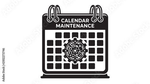 Calendar maintenance icon with gear symbol, black and white scheduling vector illustration, technical service planning and routine checkup concept