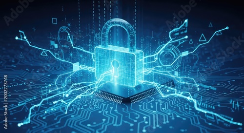A glowing digital padlock centered on a futuristic blue circuit board interface, featuring radiant light trails and high-tech data streams, design, smart, binary