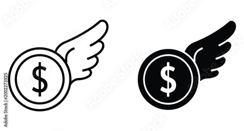 dollar coin with wing icon set representing fast money transfer financial freedom inflation spending angel investment quick cash flow symbol