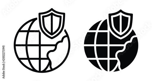 global security icon set featuring earth globe with shield symbol for international protection data safety network defense and cyber security