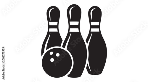 Bowling ball and pins vector icon, black and white sports equipment illustration, minimalist bowling strike symbol for tournament branding