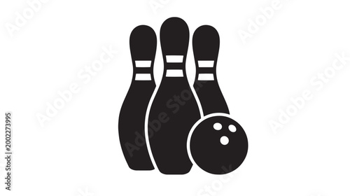 Bowling pins and ball vector icon, black silhouette sports equipment on white background, bowling alley strike symbol for gaming and recreation