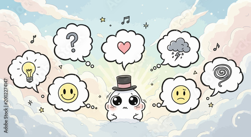 Cute cartoon character, thought bubbles, emotions, expressions, icons, sky background isolated on White Background Editable EPS