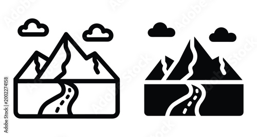 Mountain landscape icon set featuring winding road leading to peaks with clouds in outline and solid black minimalist graphic style