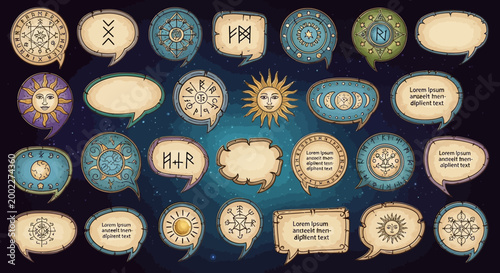 Vintage astrology symbols, ancient astronomy icons, celestial speech bubbles, mystical design elements isolated on White Background Editable EPS