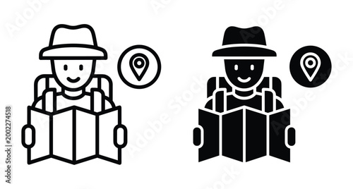 Tourist traveler holding paper map with location pin icon set for navigation adventure hiking trip exploration and vacation planning