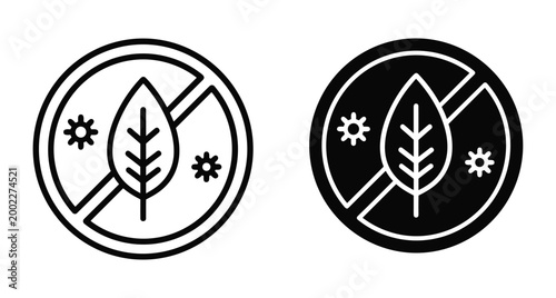Pollen free icon set with leaf and prohibition sign for allergy prevention medical healthcare labeling and sensitive skin product packaging