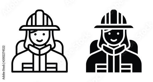 Female firefighter icon set featuring line and solid styles for emergency services first responder professional woman wearing protective helmet uniform