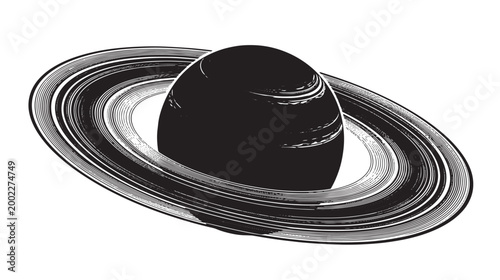 Vintage Saturn planet vector illustration, retro celestial gas giant with rings, black and white space engraving for science and astronomy projects
