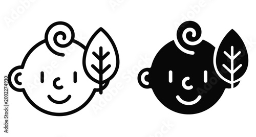 Baby head icon with leaf symbol representing organic skincare natural infant products eco friendly newborn care healthy lifestyle and sustainability