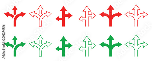Collection of red and green directional arrow for navigation and isolated on transparent background
