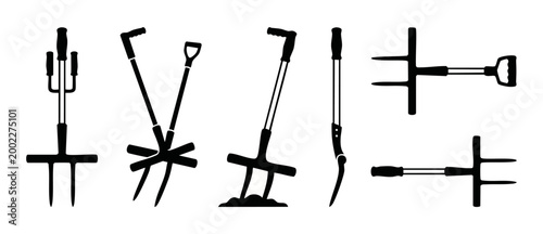 Garden Broadfork Tool Set Icon, Manual Soil Cultivation Equipment for Aeration and Digging, Professional Agricultural Hand Tools Silhouette Collection for Farming, Permaculture and Gardening Maintenan