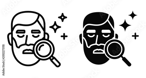 Bearded man face icon set with magnifying glass for skin care inspection facial recognition search and grooming analysis symbols vector