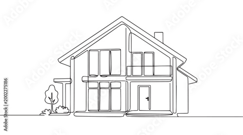 Minimalist continuous line drawing of modern house, architectural villa outline vector, contemporary residential home exterior sketch for real estate