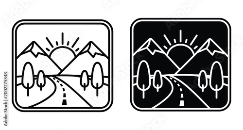 Mountain landscape icon set featuring winding road rising sun and trees in square frame for travel adventure and nature branding