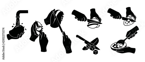 Mango Preparation Steps Icons Set, Cutting and Peeling Fruit Vector Illustration. Black and white kitchen tutorial silhouettes showing washing, peeling, slicing, dicing, and serving fresh tropical man