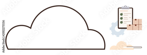 Cloud computing, digital storage, organization, logistics, task management, technology. Image of a cloud, checklist gear and boxes. Cloud computing and digital storage concept