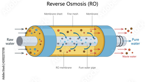 Educational diagram showing reverse osmosis filtration, where raw water passes through membrane layers to produce pure water and waste water diagram hand drawn schematic vector. Science educational