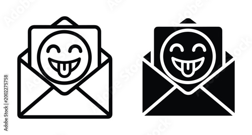 Open envelope mail icon set featuring happy emoji face with tongue out for funny digital message communication and email correspondence