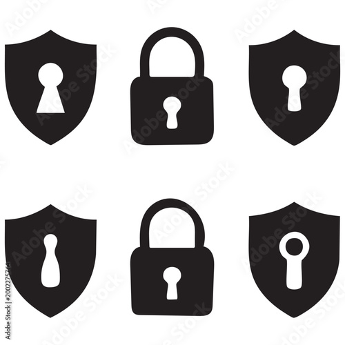 Set of black security shield and padlock icons with keyholes isolated on a white background silhouette high quality