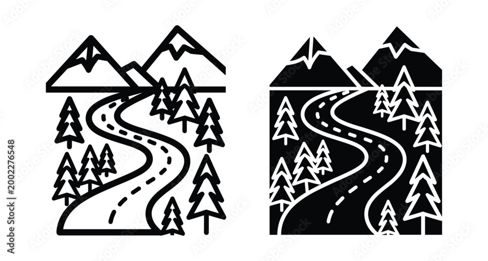 Obraz premium Winding mountain road through pine forest landscape with snow capped peaks in outline and solid black vector icon style set
