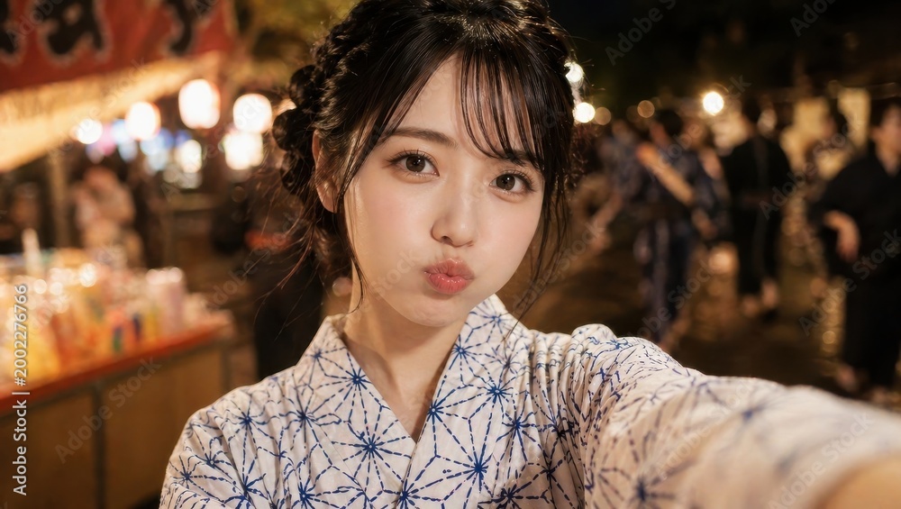 Obraz premium 夜の夏祭りでアヒル口をして自撮りをする浴衣姿の若い女性