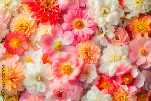 Top view of a spring flower bouquet filling the frame with pastel colors and fresh blossoms, captured in high resolution professional photography.