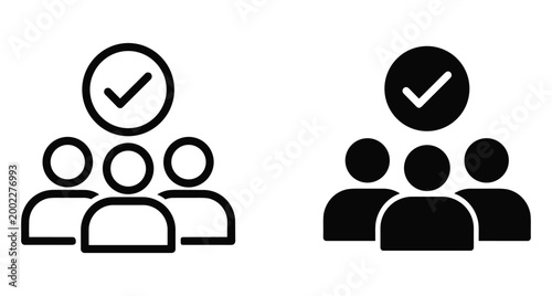 Group of three people icons with a checkmark symbol above representing team approval recruitment selection human resources and verified members